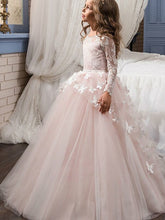 Long A-line Tulle Lace Jewel Neck Party Flower Girl Dresses with Sleeeves