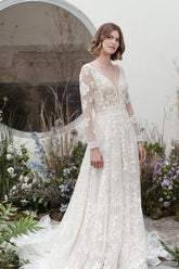 Gorgeous Long A-line V-neck Tulle Backless Lace Wedding Dresses with Sleeves