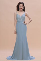 Simple V-neck Lace Chiffon Open Back Floor Length Mermaid Bridesmaid Dress