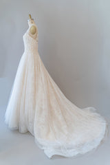 Long A-line V-neck Backless Appliques Tulle Chapel Train Wedding Dress