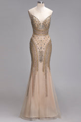 Long Mermaid Sleeveless Floor Length Backless Formal Evening Dresses with Beading