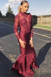 Burgundy Long High Neck Satin Mermaid Prom Dress with Sleeves