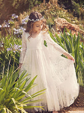 Long A-line V-neck Tulle Lace Flower Girl Dresses with Sleeves