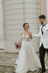 Simple Long A-line Sweetheart Lace Tulle Backless Wedding Dresses