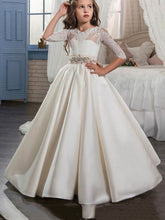 Long A-line Satin Lace Flower Girl Dresses with Half Sleeve