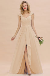 Simple High Low A-line V-Neck Ruffles Chiffon Champagne Bridesmaid Dress