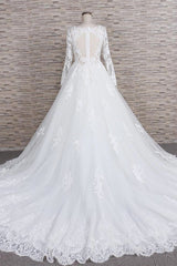 Plus Size Long A-line Applqiues Lace Tulle Wedding Dress with Sleeves