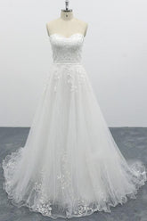 Strapless Long Tulle Chapel Train Lace A-line Wedding Dress
