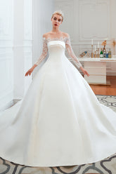 Stunning Off the Shoulder Long Sleeve A-Line Satin Church Wedding Dress