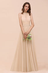 Elegant Long A-Line Jewel Ruffle Chiffon Champagne Bridesmaid Dress