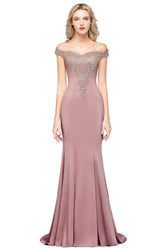 Dusty Rose Long Mermaid Off the Shoulder Satin Lace Formal Evening Dresses