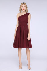 A-Line Chiffon One Shoulder Sleeveless Knee-Length Bridesmaid Dress with Ruffles