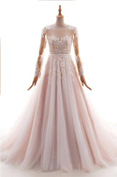 Long Appliques Lace Tulle A-line Wedding Dress with Sleeves