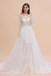 Mermaid Tulle Lace Long Sleeve Wedding Dresses With Detachable Train