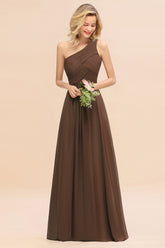 Elegant Brown A-line Chiffon Ruffles One Shoulder Long Bridesmaid Dress