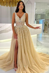 Long A-line Spaghetti Straps V-Neck Tulle Prom Dress with Slit