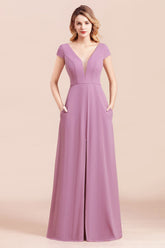 Stylish V-neck Backless A-Line Short Sleeves Chiffon Bridesmaid Dress Wth Side Slit Pockets