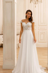 Chic White Long A-line Sweetheart Lace Chiffon Backless Wedding Dresses