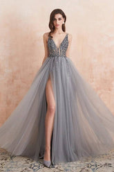 Long A-line V-neck Spaghetti Straps Beading Open Back Tulle Split Prom Dress