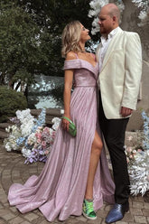 Elegant Long A-line Off the Shoulder Glitter Prom Dress with Slit