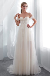 Long Sweetheart Lace-up Tulle Off the Shoulder A-line Wedding Dress