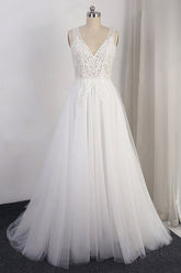 Long V-neck Open Back Appliques Tulle A-line Wedding Dress