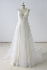 Simple White A-line Lace V Neck Long Spaghetti Straps Wedding Dress