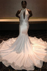 Chic Long Halter Appliques Lace Satin Mermaid Prom Dress