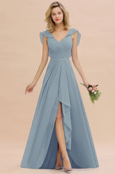 Simple High Low A-line V-Neck Ruffles Chiffon Dusty Blue Bridesmaid Dress