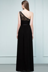A-line One Shoulder Floor Length Lace Chiffon Bridesmaid Dresses with Sash