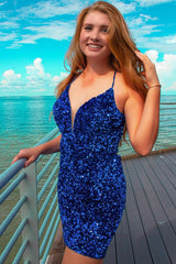 Mermaid Mermaid Royal Blue Sequined Backless Short Homecoming Dress