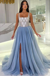 Square Neck A-Line Tulle Long Prom Dress with Split Front
