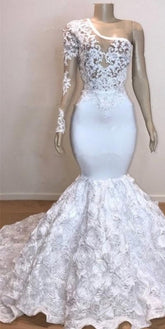 Long One Shoulder Lace Appliques Meramid Prom Dresses with Sleeves