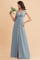 Simple V-neck A-Line Wide Straps Floor Length Chiffon Bridesmaid Dress With Side Slit