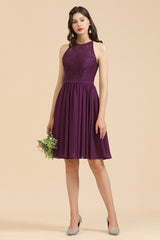 Short A-line Halter Lace Chiffon Wedding Party Dress