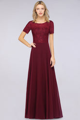 A-Line Chiffon Lace Round-Neck Short Sleeves Floor Length Bridesmaid Dress