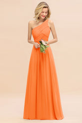 Elegant Orange A-line Chiffon Ruffles One Shoulder Long Bridesmaid Dress