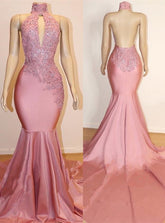 Halter Backless Mermaid Appliques Long Open Back Prom Dresses