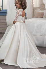 White Long A-line Scoop Neck Satin Lace Flower Girl Dress