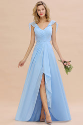 Simple High Low A-line V-Neck Ruffles Chiffon Bridesmaid Dress