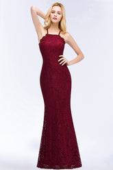 Mermaid Floor Length Halter Lace Burgundy Bridesmaid Dresses