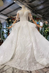 Ball Gown Half Sleeves Lace with Sequins Long Wedding Dress