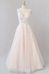 Long A-line V-neck Appliques Lace Tulle Floor length Wedding Dress