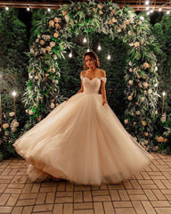 Beautiful Long Tulle Off the Shoulder A-line Wedding Dress with Chapel Train