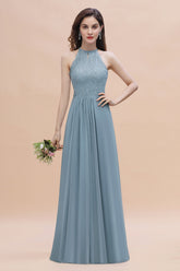 Halter Appliques Lace A-Line Chiffon Floor Length Bridesmaid Dress With Pockets
