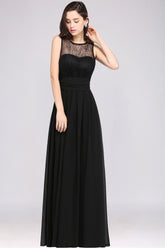 A-Line Chiffon Lace Jewel Sleeveless Keyhole Floor Length Bridesmaid Dresses