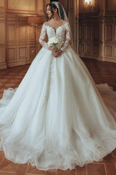 Gorgeous Long Sleeves Appliques Lace White Long Tulle A-line Wedding Dress