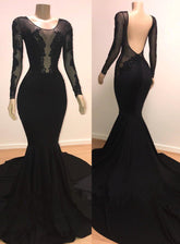 Long Black Scoop Tulle Mermaid Prom Dress with Sleeves