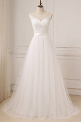 Elegant Long Lace Tulle A-line Backless Wedding Dress