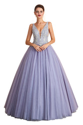 Long Ball Gown V-neck Tulle Lace Prom Dress